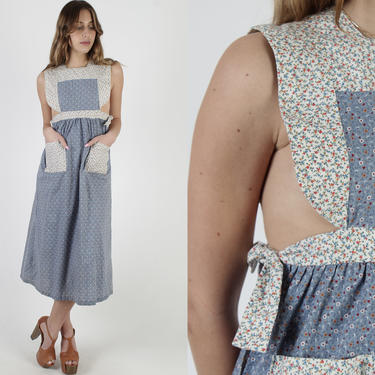 Blue Calico Pinafore Dress / Tint Floral Apron With Patch Pockets / Vintage 80s Bib Waist Tie Overalls / Womens Americana Chore Dress 