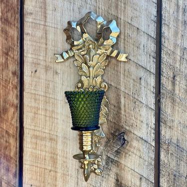 Pair of Brass Candle Wall Sconces w/ Green Tea Candle Glass Inserts 