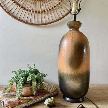 Vintage Lamp - Tall Ceramic Lamp - Orange with Brown Table Lamp - Tall Ceramic Lamp - Wood Finial 