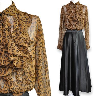 Vintage Lauren Ralph Lauren Leopard Print Silk Blouse with Ruffle Lapel Tan and Black Womens Blouse Size L 