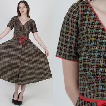 Vintage 70s Gunne Sax Dress Green Plaid Country Prairie Geometric Belted Midi Mini Dress Size 11 