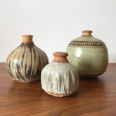 Trio of Mid Century Studio Pottery Weed Pot Vases Signed / Stamped 