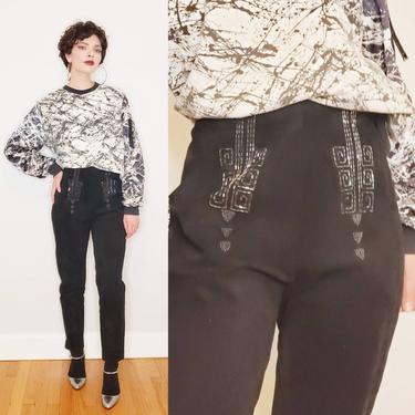 1990s Pia Rucci Black Sueded Beaded Pants / 90s Ornate Dress Pants Embroidered Leather / Small / AS IS 