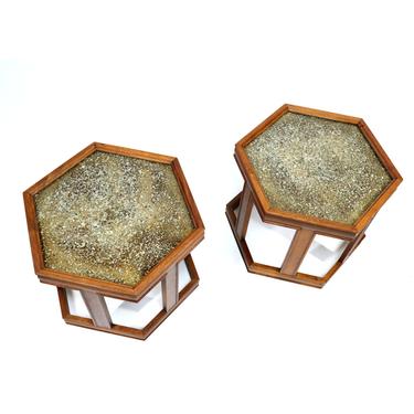 John Keal For Brown Saltman Hexagonal Walnut Enamel Side Tables 