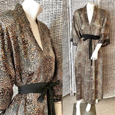 Leopard Print Vintage Caftan, Kimono, Wide Sleeves, Obi Belt, 70s 80s Kaftan, Robe, Animal Print 