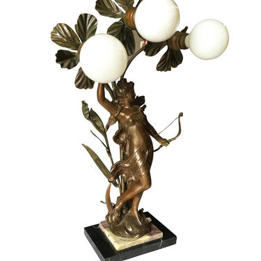 Early Three Bulb Art Nouveau Figural Bronze and Marble Table Lamp 