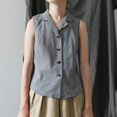 vintage gingham check print sleeveless cotton blouse, size XS 