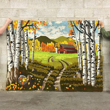 LOCAL PICKUP ONLY Vintage Area Rug 1980’s Large Size 82x60 Homemade Farmhouse + Barn in Mountains + Woods Themed Area Rug or Wall Tapestry 