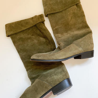 Vintage 1970s Olive Green Suede Boots / size 7 