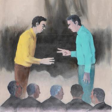 Original Vintage JOSEPH JESWALD PAINTING 49x44&quot;, Oil / Canvas, Two Men Playing Shoot, Large Mid-Century Modern Art surrealist eames era 