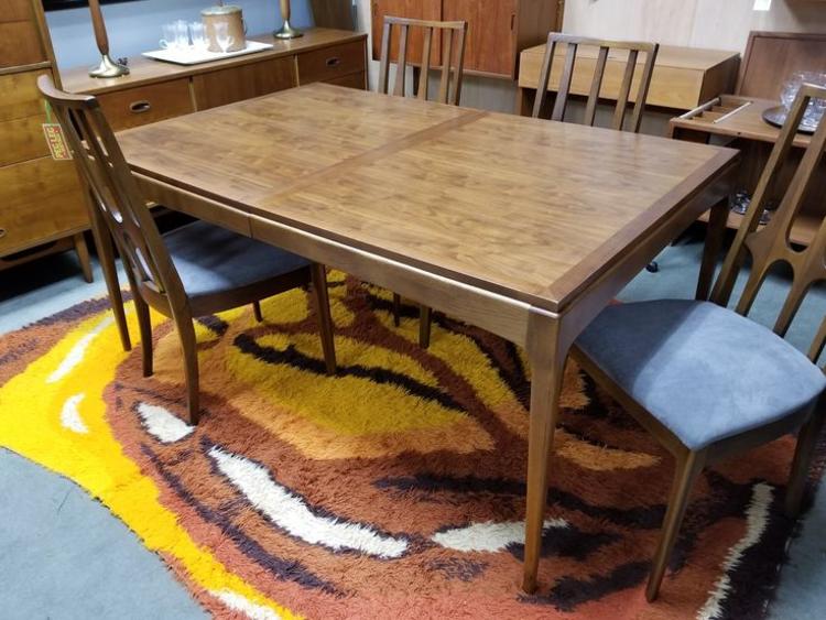 Mid-Century Modern walnut dining table with 2 18 inch leaves