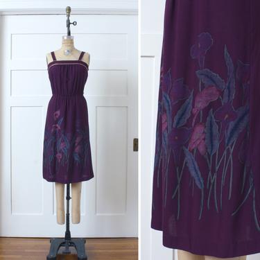vintage 1970s purple calla lily dress • royal dark purple screen print floral sundress 