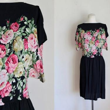 Vintage 1970s Rose Print Black Dress / S 
