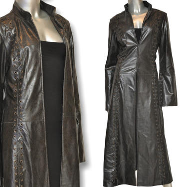 Vintage Distressed Faux Leather Full Length Coat Side Lace Womens Size M/L 