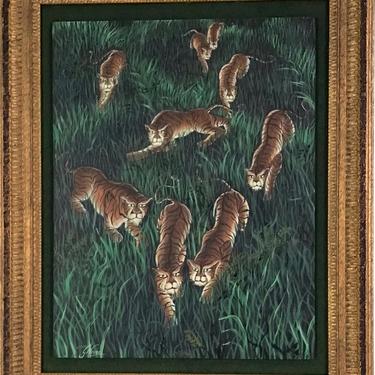 Gustavo Novoa Early 1960s Modern Naive Oil\/Canvas Painting of a Group of Tigers