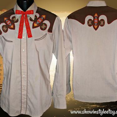 Kennington Vintage Western Men's Cowboy Shirt, Rodeo Shirt, Embroidered Native American Arrowhead Design, Tag Size Medium (see meas.) 