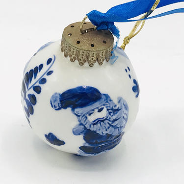 Vintage Blue and White Holiday Christmas ornament - Delft-Featuring Santa Claus and Flowers 