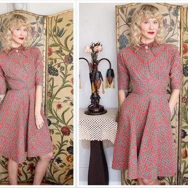1950s Dress // December Quilted Floral Day Dress // vintage 50s dress 