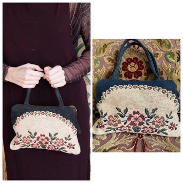 1930s Handbag // Floral Wool Tapestry Purse // vintage 30s purse 