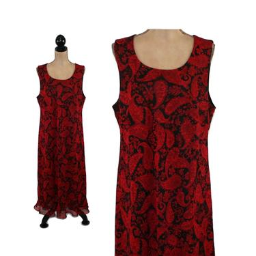 Long Chiffon Paisley Maxi Dress 2X, Sleeveless Summer Red &amp; Black Print Ruffle Hem, 1990s Clothes Women, 90s Vintage Clothing Plus Size 20W 