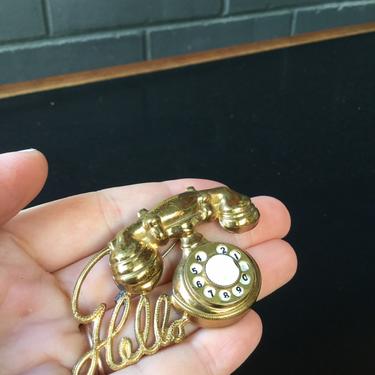 1950s Telephone Brooch with Spinning Dial Mid-Century Brass Phone 