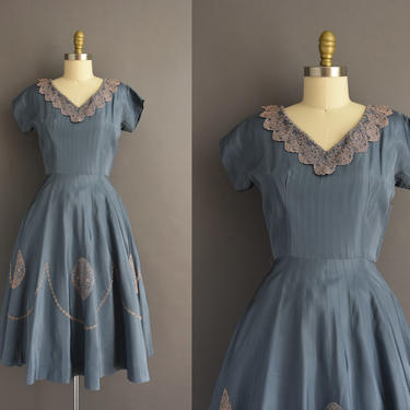 1950s vintage dress | Ann Kauffman Blue Short Sleeve Sweeping Full Skirt Cocktail Party Dress | Medium | 50s dress 