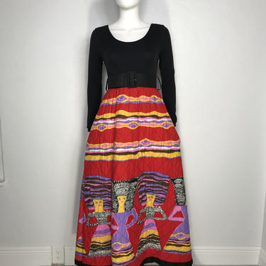 Vtg 60s 70s novelty print maxi quilted dress SM 