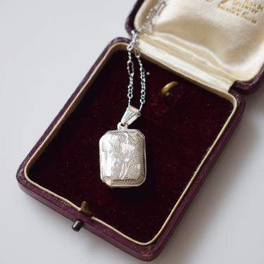 Vintage Sterling Silver Rectangular Locket | c. 1970s Etched Photo Locket with Chain | Necklace | Pendant 