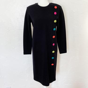 80s Black Knit Rainbow Neon Button Dress | Large/Extra Large 