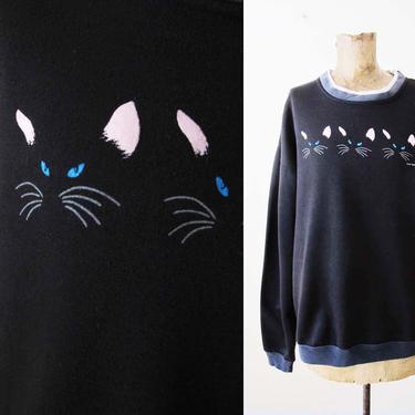 Vintage 80s Cat Sweatshirt L - Cat Lady Pullover Black Sweatshirt - Cats Kitten Pullover Sweatshirt - Novelty Sweatshirt Crazy Cat Lady 