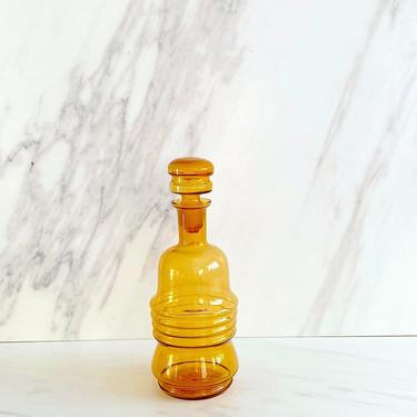 Vintage Mid Century Modern 1960s 1970s Hand Blown Amber Art Glass Barware Liquor Bottle Ribbed Decanter Italian Empoli 