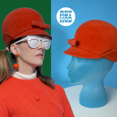 Iconic Mod Fabulous Vintage 60s Orange Wool Felt Derby Jockey Hat with Visor 