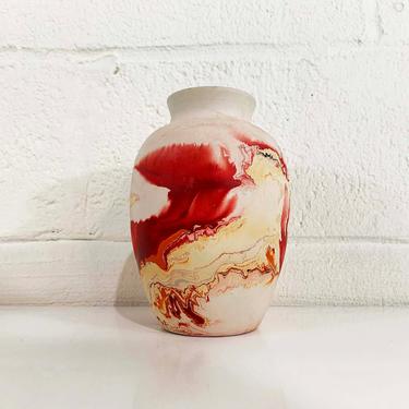 Vintage Nemadji Art Pottery Large Vase Swirl Handmade USA Flower Red Orange Swirl Mid-Century Modern White Beige 1970s 70s 