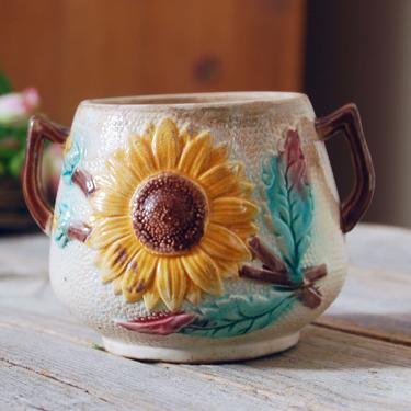 Antique majolica mug / vintage ironstone mug with sunflower and lily / hand painted floral majolica mug / antique pottery drinkware 