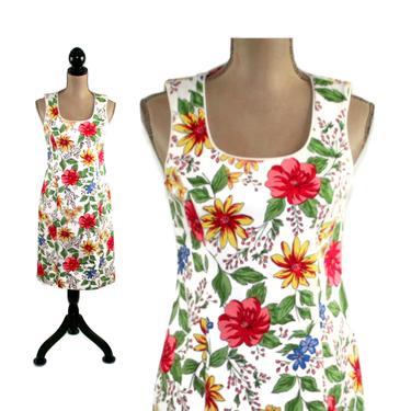 Floral Cotton Midi Dress Small, Fitted Sundress Sleeveless Sheath Spring Summer Dress Size 6, Casual Clothes Women, 90s Y2K Vintage Clothing 