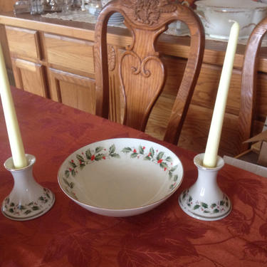 Vintage Royal Galleria and Holly Leaf Serving Bowl and Pair Candlesticks- All the Trimmings 