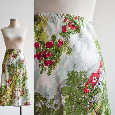 Vintage Farm Print Silk Slip Skirt 