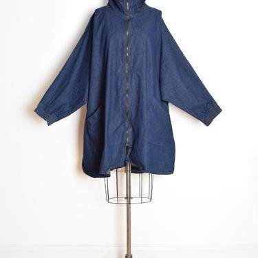 vintage 80s jacket dark denim jean draped coat poncho high neck over sized clothing 