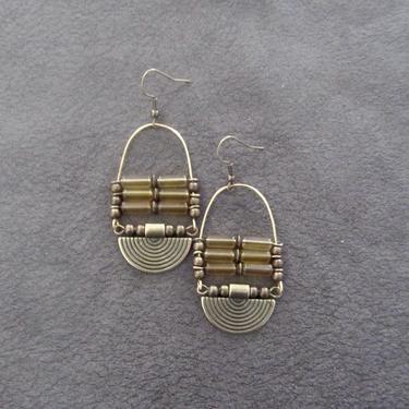 Bronze ethnic earrings, chandelier earrings, statement earrings, chunky bold earrings, etched metal earrings, yellow frosted glass earrings 