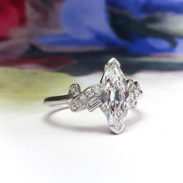 Art Deco Engagement Ring 1.10 ct.tw. Antique Marquise And Mixed Cut Diamond Ring Platinum 