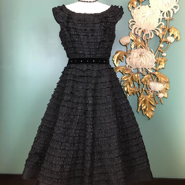 1950s party dress, black ribbon dress, vintage 50s dress, size medium, full skirt dress, 27 28 waist, vintage prom dress, 50s formal dress 