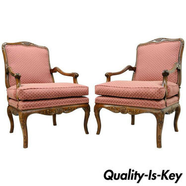 Pair of Country French Louis XV Shell Carved Century Bergere Lounge Arm Chairs