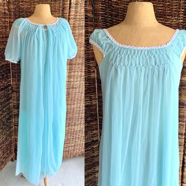 Billowy Sheer Chiffon Peignoir, Gown and Robe, Pearl Beads, Baby Blue, Vintage Sleepwear Lingerie Negligee 