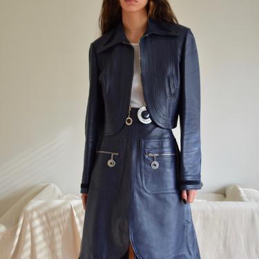 70s leather navy blue jacket and zipper skirt set 
