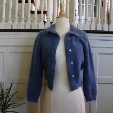 Vintage 50s 60s French Angora Lambswool Blue Polo Cardigan Sweater Women's Size XS 