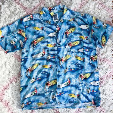 Vintage 90s Hawaiian Surfer Print Shirt Med/Large 