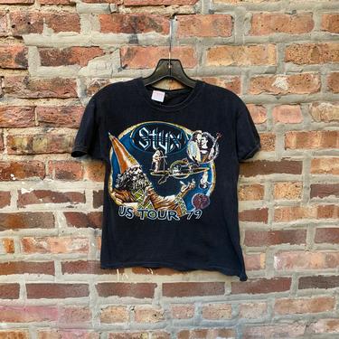 Vintage 70s Styx US Tour 1979 Concert T-shirt size Small distressed thrashed Grand Decathlon parking lot tee 