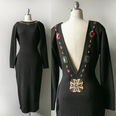 1980s Sweater Dress Black Wool Knit L 