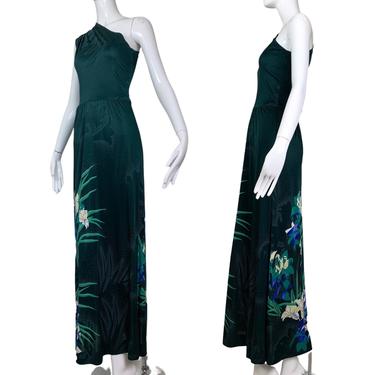 70’s Green Floral One Shoulder Maxi Dress size. S/M 