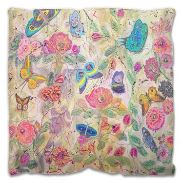 Butterflies Flowers Yellow Blue Pink Outdoor Decorative Pillow ~ Garden Flowers Butterflies ~ Decorative Pillow ~ Garden Floral Pillow 